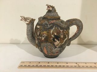 Japanese Antique To Vintage Hand Painted Satsuma Tea Pot,  Dragon And Many Faces