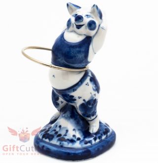 Porcelain Gzhel Pig Piglet Gymnast Figurine Twirling A Hula Hoop Handmade