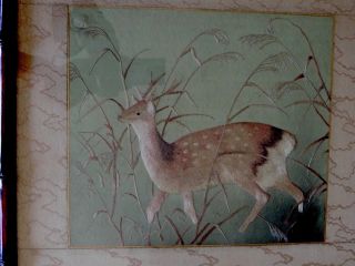 Antique Chinese Japanese Hand Embroidered Silk Tapestry Deer