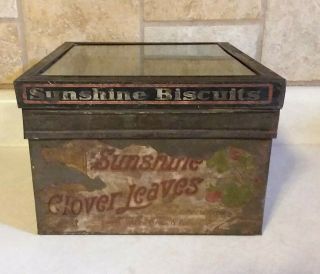 Clover Leaves Sunshine Biscuits Tin Glass Lid Display Advertising Loose - Wiles