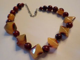 Vintage Chunky And Beaded Lucite Or Plastic Necklace Butterscotch And Reds
