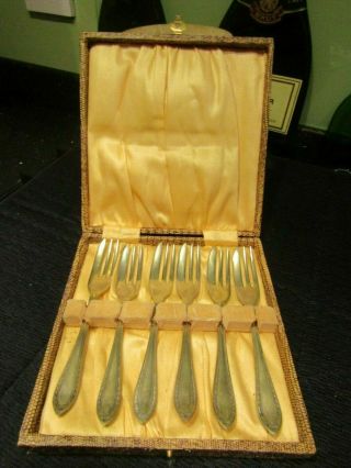 Six Vintage Epns Silver Plated Cake Forks In Faux Snake Skin Box