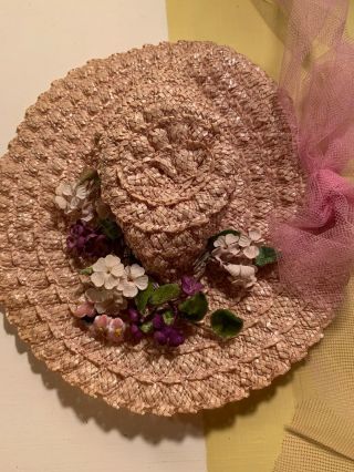 Vintage 1950s Madame Alexander Cissy Doll Straw Hat With Flowers Pink Shiny