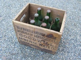 7 Vintage Morgan Memorial Goodwill Mineral Water Bottles & Wooden Case.