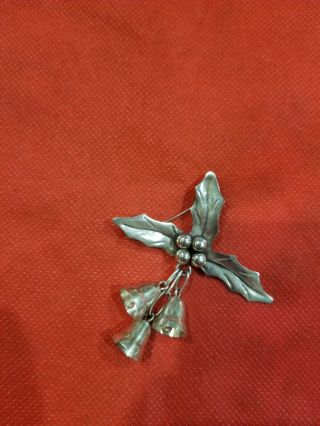 Vintage Taxco Mexico Sterling Silver 925 Christmas Holly Bells Signed Pin Brooch