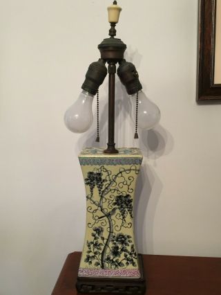 Antique Vtg Chinese Porcelain Vase/lamp Bird Grape Yellow Turquoise Pierced Top