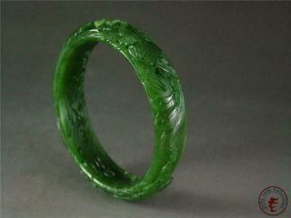 Fine Old Chinese Nephrite Spinach Green Jade Bracelet Bangle Phoenix Ruyi Flower