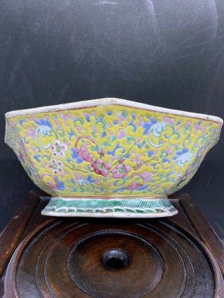 Antique Chinese Yellow Ground Famille Rose Footed Bowl
