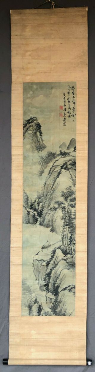 Authentic Chinese Qing Landscape & Cliff Hut Painting On Silk Signature 2 Seals