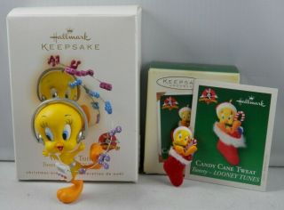 Hallmark Tweety Bird Looney Tunes Ornaments Candy Cane Tweat & Wuv My Tunes