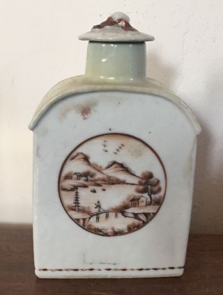Antique Chinese Export Porcelain Tea Caddy Landscape American Market 18th C.