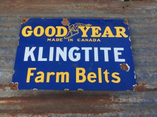 Porcelain Sign Goodyear Klingtite Farm Belts Tractor John Deere Rusty Farmall