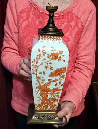Antique Chinese Porcelain Rouge De Fer Quadrilateral Vase Lamp Orange Peel Glaze