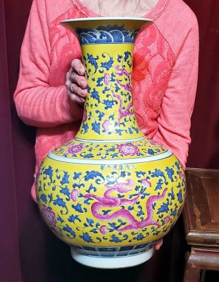Vintage Chinese Porcelain Large Vase Famille Rose Yellow Enamels Dragons Marked