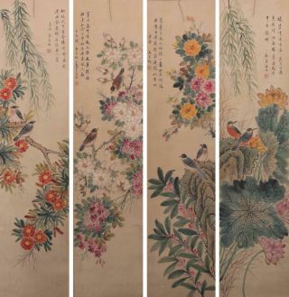 Four Chinese Old Scroll Painting Flower And Bird 70.  47” - Ma Jiatong