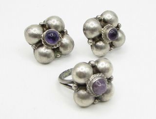 Mexico 925 Silver - Vintage Amethyst Floral Beaded Ring & Earrings Set - T1019