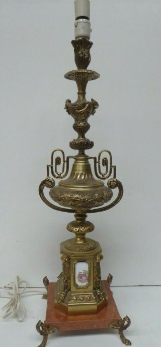 Vintage Marble Base Brass Ornate Footed Ormolu Lamp Base Porcelain Limoges Panel