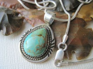 Vintage Navajo Alex Begay Turquoise & Sterling Silver Pendant On A 925 Necklace