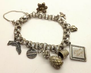 Vintage Sterling Silver Charm Bracelet With 8 Charms 38 Grams 7.  25 " Long