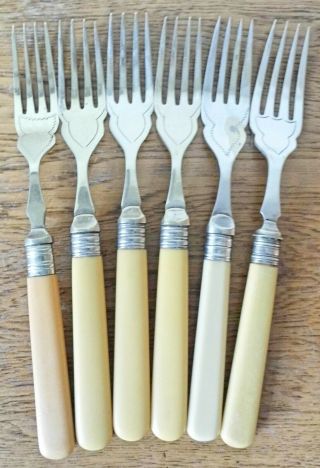 Vintage 1930 - 50s Set Of 6 Sheffield Silver Plated Fish Cake Forks Ivorine Handle