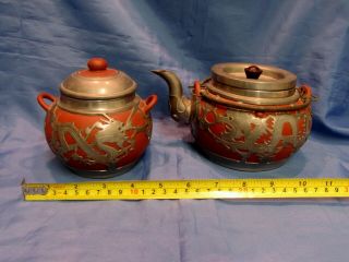 Vintage Chinese Set Terracotta And Pewter Teapot & Lidded Bowl Wei Hai Dragon