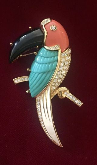 Kenneth Jay Lane Signed Kjl Vintage Toucan Bird Figural Brooch Pin