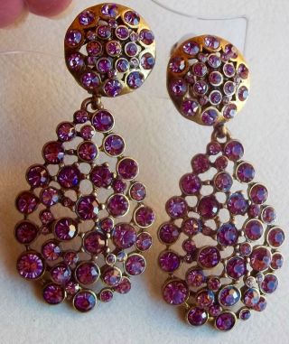 Oscar De La Renta Vintage Earrings Haute Couture Purple Rhinestone Chandeliers