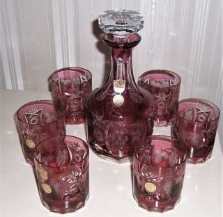 Vintage Nachtmann Bleikristall Decanter Tumbler Set Cranberry Lead Crystal Glass