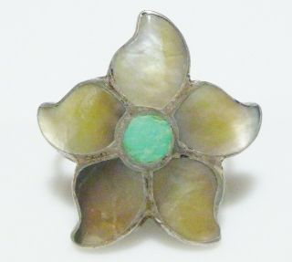 Sterling Silver Navajo Zuni Turquoise Mop Mother Of Pearl Inlay Flower Ring