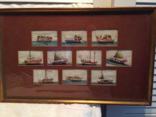 19th Century Chinese Watercolor Paintings On Pith Paper Set Of 10 Junk Boats