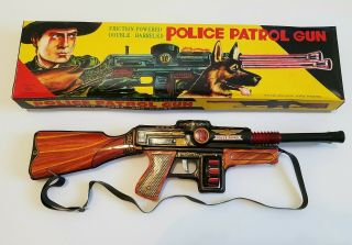 Vintage Tin Toy Machine Gun Police Patrol Tin Litho Friction Powered Gun W/box