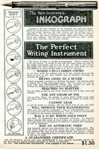 1926 Small Print Ad Of The Improved Inkograph Fountain Pen Pencil