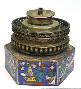 Antique Chinese Late Qing Cloisonne Enamel Paneled Opium Oil Lamp Bowl Vase