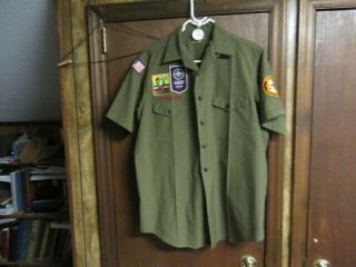 Boy Scout Leader Dacron Wool Shirt,  Neck 17,  Natl Staff & Jamboree Patches A404