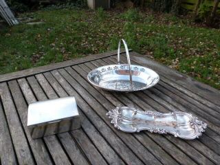 Three Lovely Antique Vintage Silver Plate Items.  Desk Tray/box/bowl