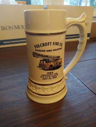 Vtg 1984 Folcroft Pa Fire Co.  Porcelain Gold Trimmed Large 9 " Mug Stein Beer Jug