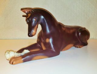 Vintage Doberman Pinscher With Bone Statue Figure Large Smooth & Heavy 17 Inches