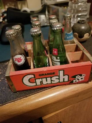 9 Vintage Mini Glass Soda Bottles W/metal Caps With Orange Crush Wood Case