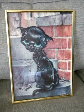 Big Sad Eyes Pitiful Cat Grey Black Kitty Kitten Wall Art Picture Framed