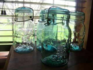 4 Atlas Quart Blue Green Glass E - Z Seal Wire Bail Glass Antique Canning Jars