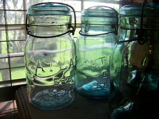 4 Atlas Quart Blue green Glass E - Z Seal Wire Bail Glass Antique Canning Jars 2