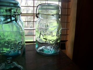 4 Atlas Quart Blue green Glass E - Z Seal Wire Bail Glass Antique Canning Jars 3