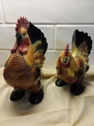 Vintage Royal Copley Rooster Hen Figurines 7 1/3 Tall,  6 " Tall