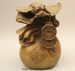 10 " Chinese Folk Feng Shui Bronze Lucky Fu Longevity Bat Money Bag Statue Sculpt