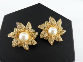 Vintage Christian Dior Earrings Modernist Flower Pearl Gold Plated Crystal Clip