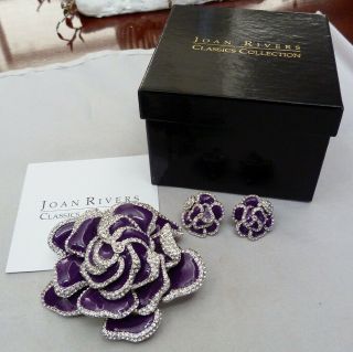 Joan Rivers 3 " Purple Enamel Rhinestone Rose Flower Pin Earring Set Box