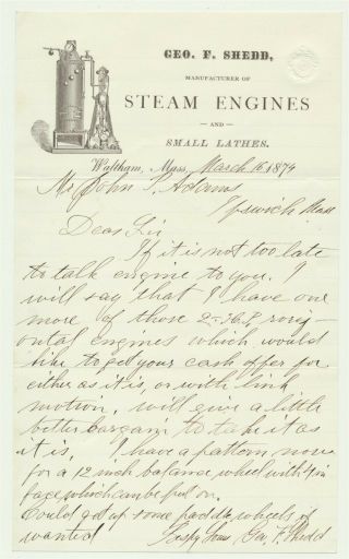 Illus Letterhead For Geo F Shedd,  Mfg Of Steam Engines & Lathes - Dated 1875