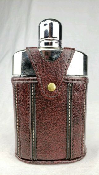 Gorgeous Vintage Brown Leather Covered Clear Glass Whiskey Flask Snap On Case