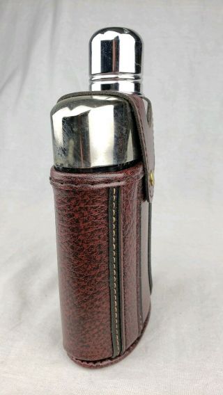 Gorgeous Vintage Brown Leather Covered Clear Glass Whiskey Flask Snap on Case 2