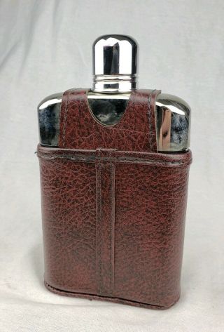 Gorgeous Vintage Brown Leather Covered Clear Glass Whiskey Flask Snap on Case 3